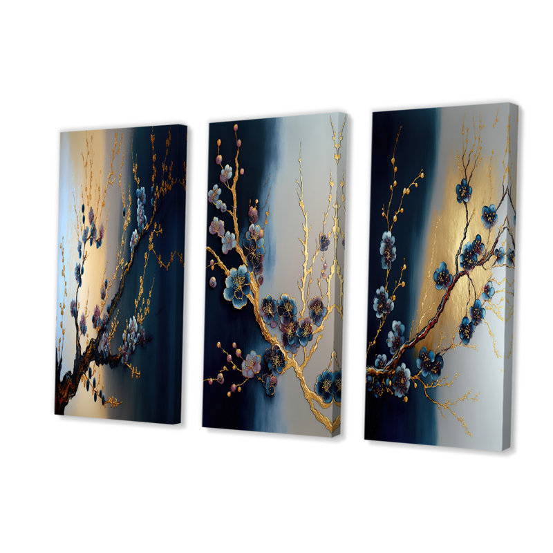 "Blue Cherry Blossom Branch I" sur toile, 3 pièces, H 32 po x l 48 po x P 1 po