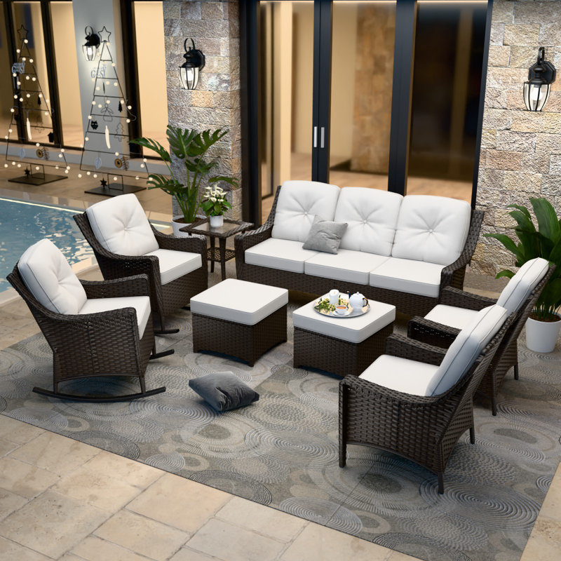7 - Person Patio Conversation Set with 2 Swivel Lounge Chairs & Sofa, Beige