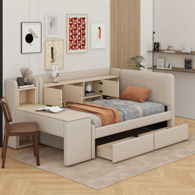 Twin Size Upholstered Daybed With Drawers, Shelves, Flip Cabinets & Side Table, Beige