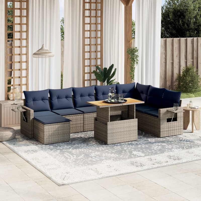  9 Piece Patio Sofa Set With Cushions Poly Rattan, Gray, Blue