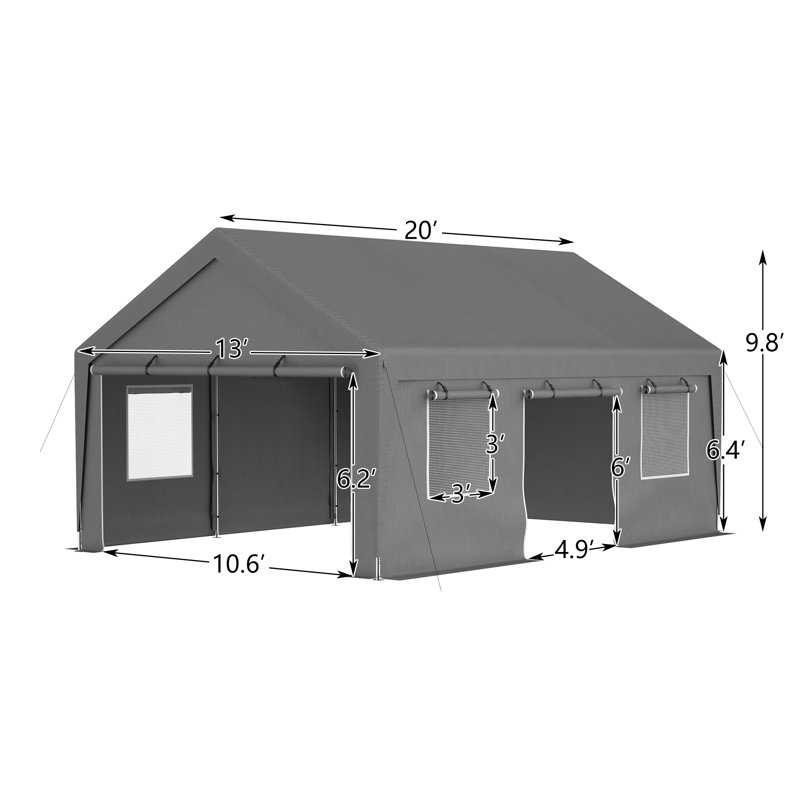13 Ft. W x 20 Ft. D Garage Heavy Duty Carport Portable Garage Storage Shed Canopy, Gray