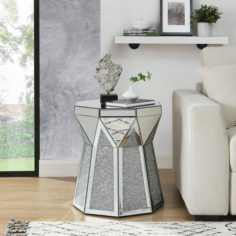 Table basse de style tambour avec incrustation de cristal miroir, table décorative argentée Polygonal