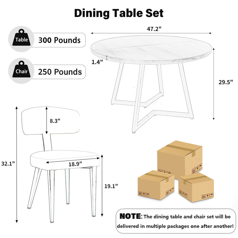 Round Wooden Dining Set For 4-6, Natural Wood, White, 5