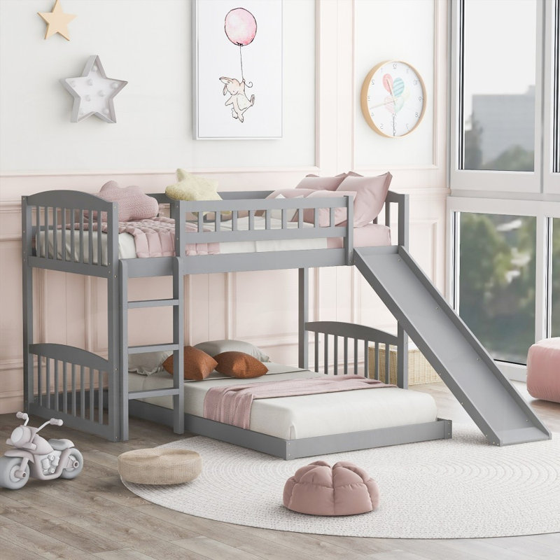 Lit simple superposé avec glissière et échelle, aucun sommier requis, robuste et durable, gris
