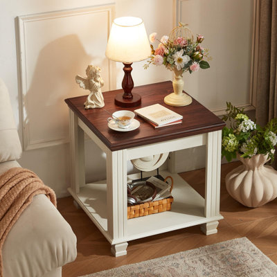 Farmhouse End Table with 2-Tier Storage Shelf, Large Square Side Table with 4 Solid Wood Square Legs, Small Coffee Table for Living Room (White)