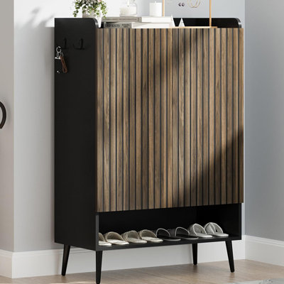 Shoe Cabinet Large Shoe Cabinet with 2 Doors Adjustable Shelves Shoe Organizer with Doors for Hallway Entryway Living Room Black+Nut -Brown