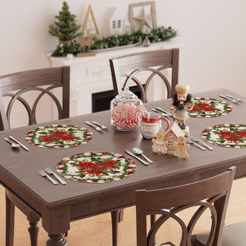 Ensemble de 4 napperons de Noël, poinsettias, feuilles, clochettes, flocons de neige, hiver