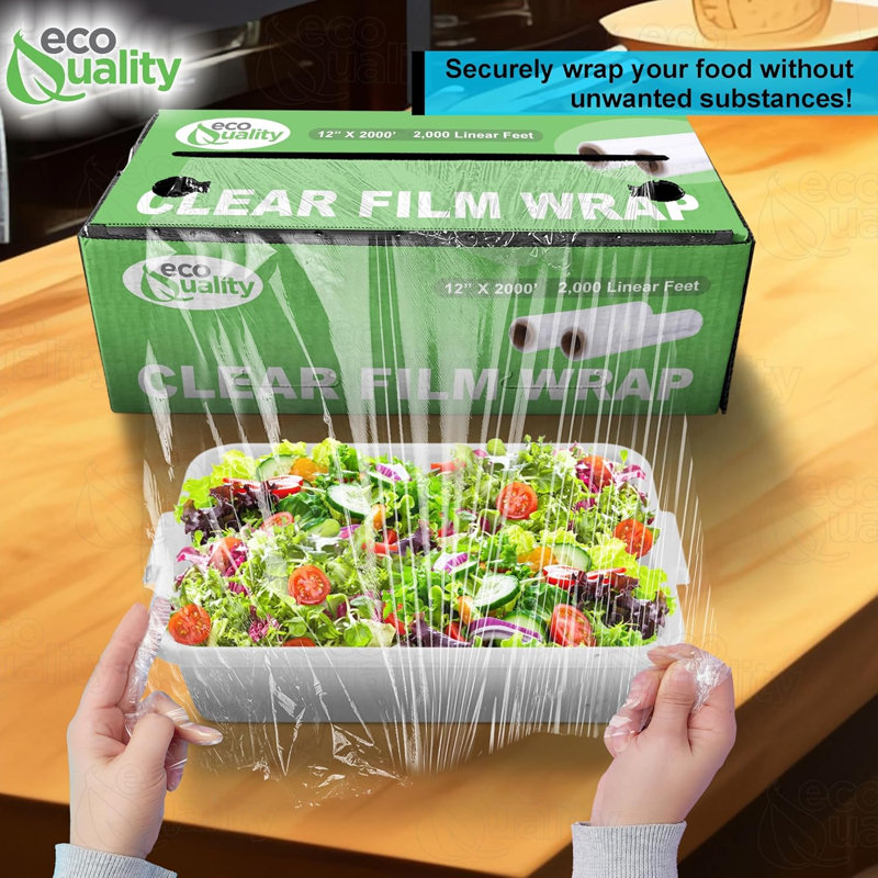 Rouleau de pellicule de plastique transparent 12 po X 2000 pi avec boîte de coupe Ecoqualité pour le service alimentaire et la cuisine (9)