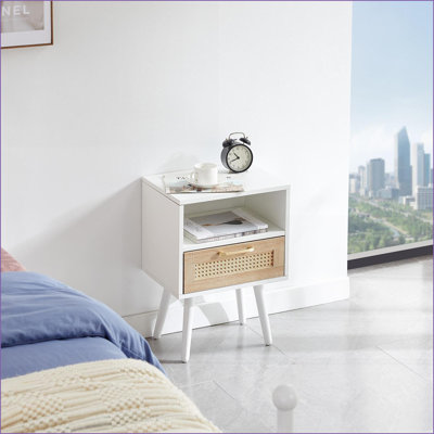 Natural Rattan Coffee Table with Drawer, Space-Saving MDF &amp; Solid Wood Legs for Small Spaces