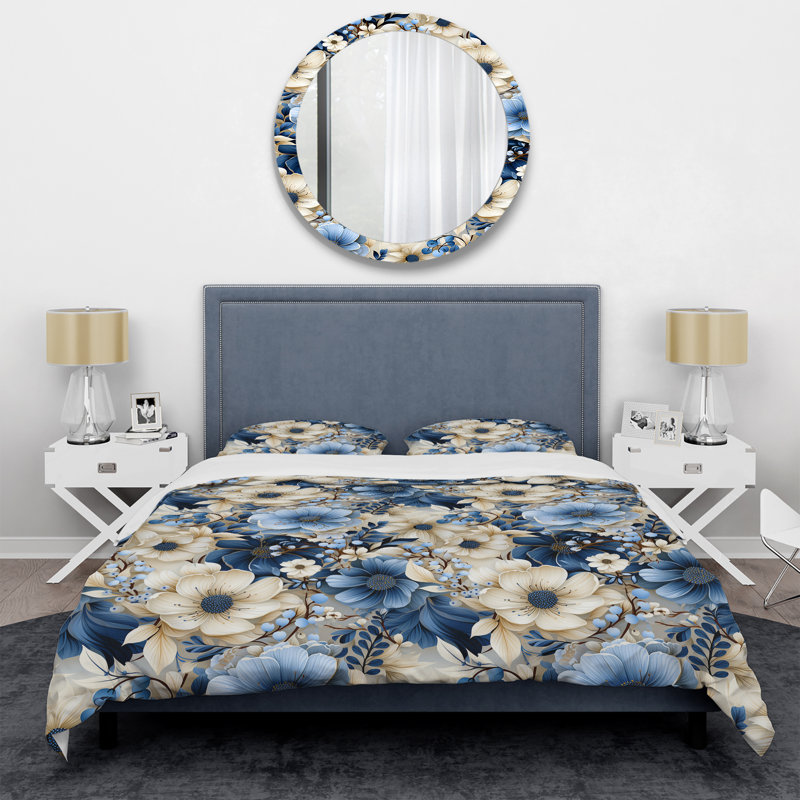 Ensemble de housse de couette blanc et bleu Ranunculus, Housse de couette pour grand lit et 2 taies décor