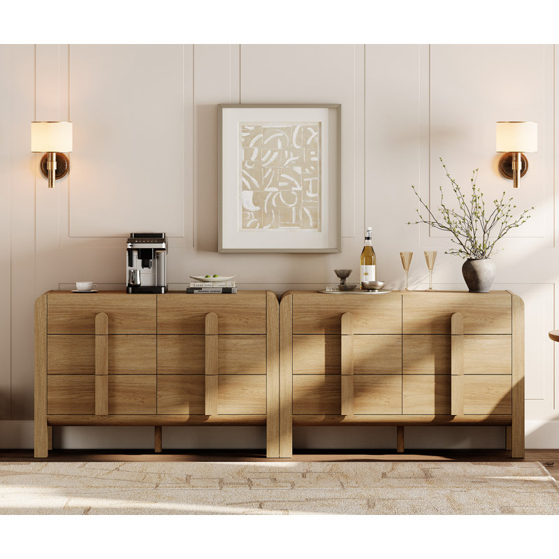 Mid Century 6 Drawer Dresser Set of 2, 47.2" Modern Chest of Drawers with Storage, Curved Profile Wood Double Dresser for Bedroom, Living Room, Hallway