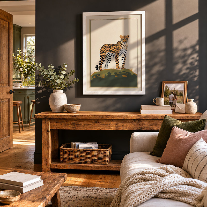 Alert Leopard Botanical - Framed Print, A3 - 42.0 x 29.7 cm, White