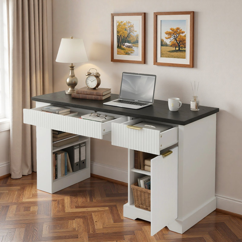 Modern Fluted Office Desk With Storage Cabinet, Drawer, Power Outlet, Pegboard, Built-in Shelves And Keyboard Tray