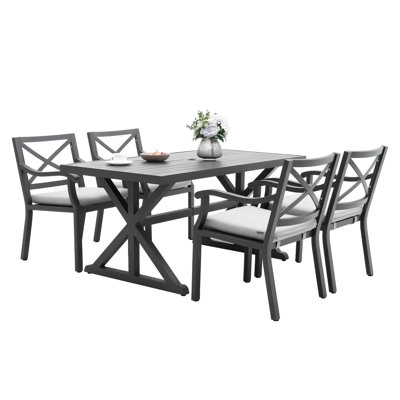 5 Pieces Outdoor Patio Dining Set for 4, 63" Rectangular Dining Table with 4 Armchairs Aluminum Furniture Set, Gray