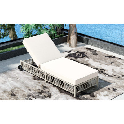 Beige Cushioned Rattan Outdoor Lounge Chair, 5-Position Adjustable Backrest, Built-In Wheels, Cream White Frame For Pool & Garden
