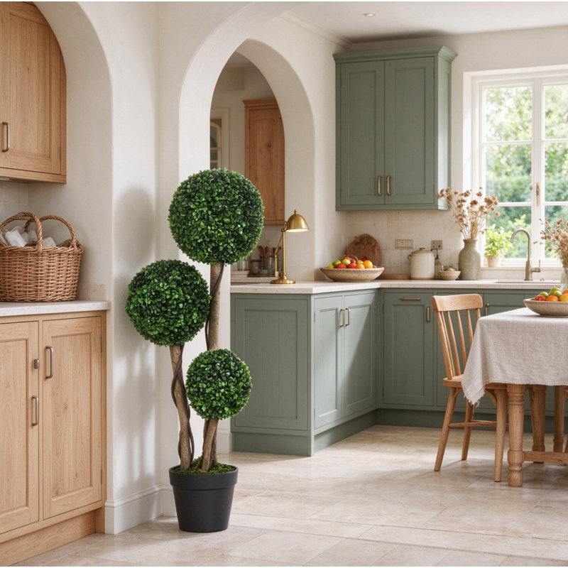 Faux Boxwood Topiary Set with Weighted Pots, Low Maintenance Artificial Green Home Decor,Set of 2