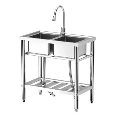 Idealhouse 457.2mm W Double Bowl Stainless Steel Freestanding Kitchen Sink with 1 Faucet Hole