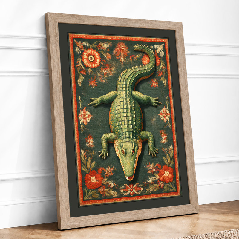 Crocodile With Florals Boho - Single Picture Frame Print, A3 - 42.0 x 29.7 cm, Oak