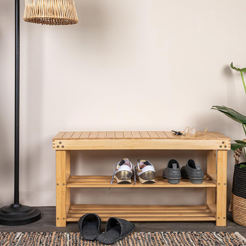 Slatted Bamboo Entryway Bench with Dual Shelves