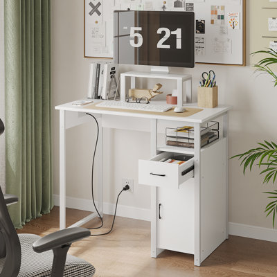 35.43" Computer Desk Small Spaces Modern Home Office Desk Monitor Stand Power Outlet USB Ports Drawer Storage Cabinet
