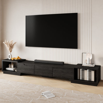 Meuble télé extensible avec tiroirs, meuble télé contemporain avec téléviseur jusqu'à 100 po, centre de divertissement à longueur réglable, console multimédia moderne pour le salon, noir (extensible: l 65,75 po - l 102,95 po)
