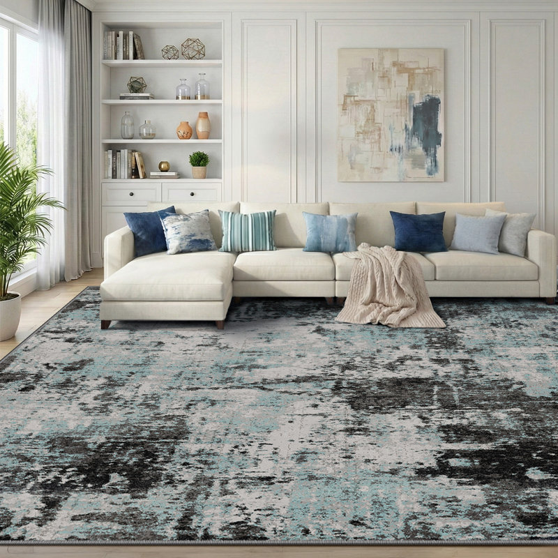 Modern Abstract Printed Area Rug Non-Slip Machine Washable Low Pile for Living Room Bedroom, Rectangle 5' x 7', Blue/Black
