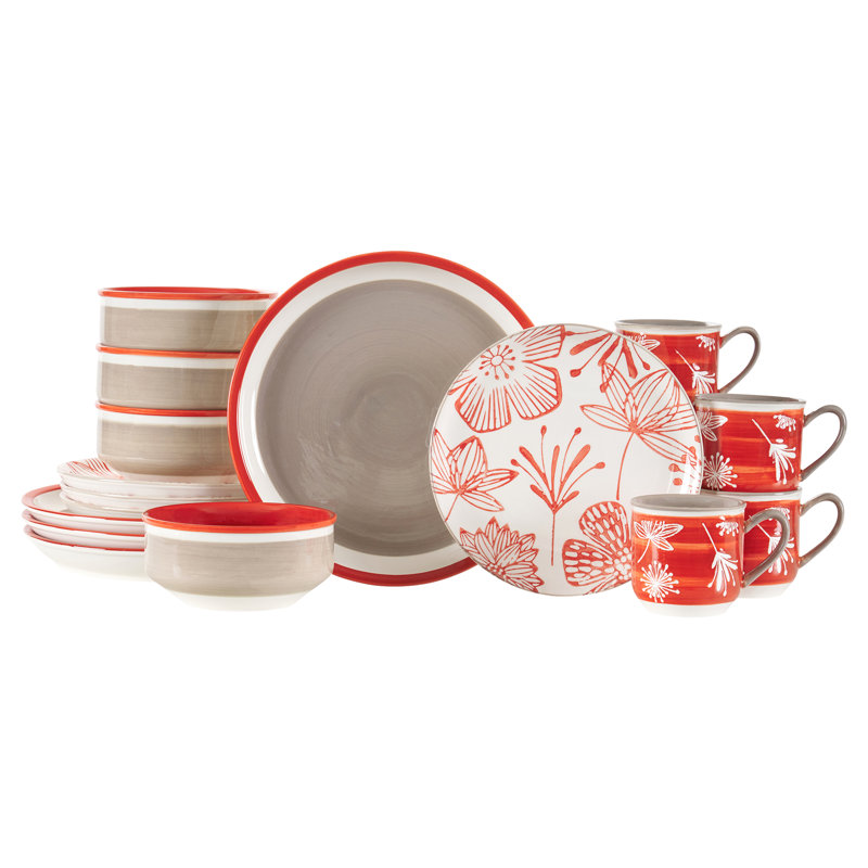 Red Floral Ceramic Dinnerware Set, Service for 4