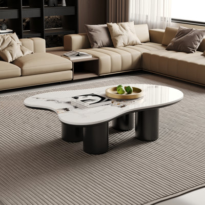 48"Modern Cloud Black Coofee Table, Glossy White Sintered Stone Table-top, 4 Wood Round Legs