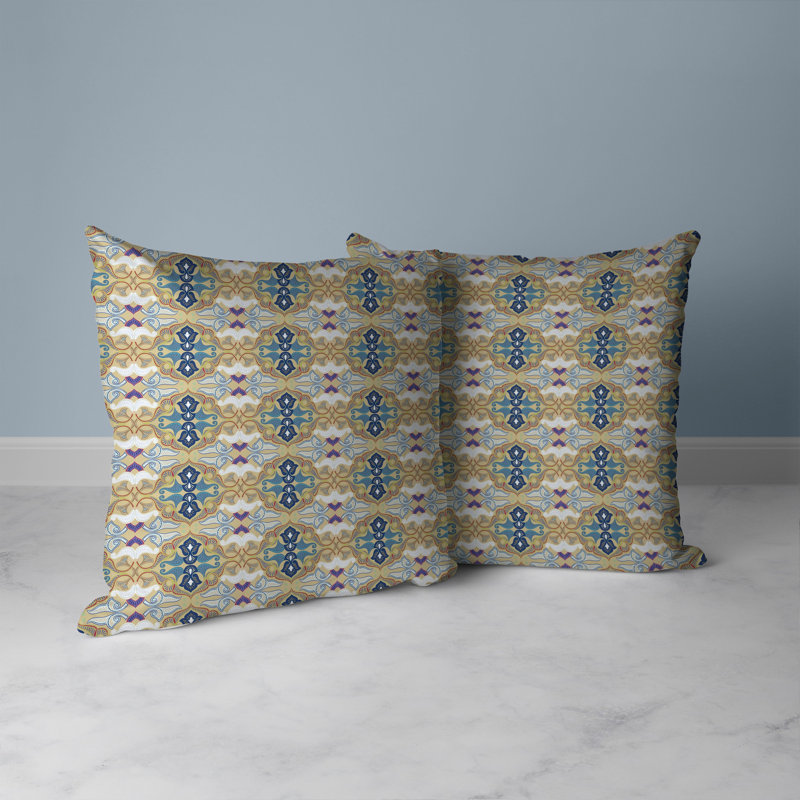 Amrita Sen 18" Square Beige and Blue Floral Throw Pillow