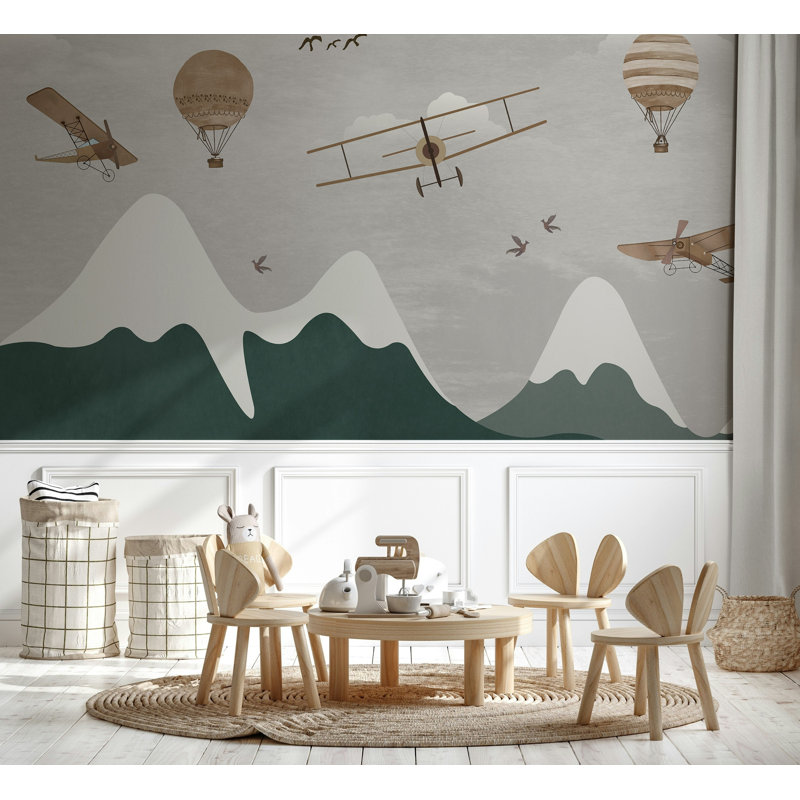 Vintage Airplanes and Mountains Wallpaper in Neutral, 75"L x 112"W