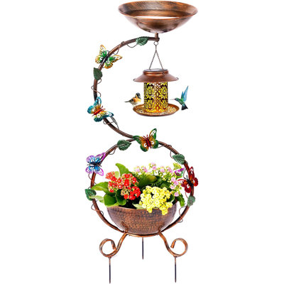 378 Bird Bath And Solar Bird Feeders Combo With Flower Planter Pedestal Metal Bird Baths