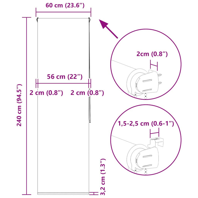 Room Darkening Roller Blind, 60cmW x 240cmL