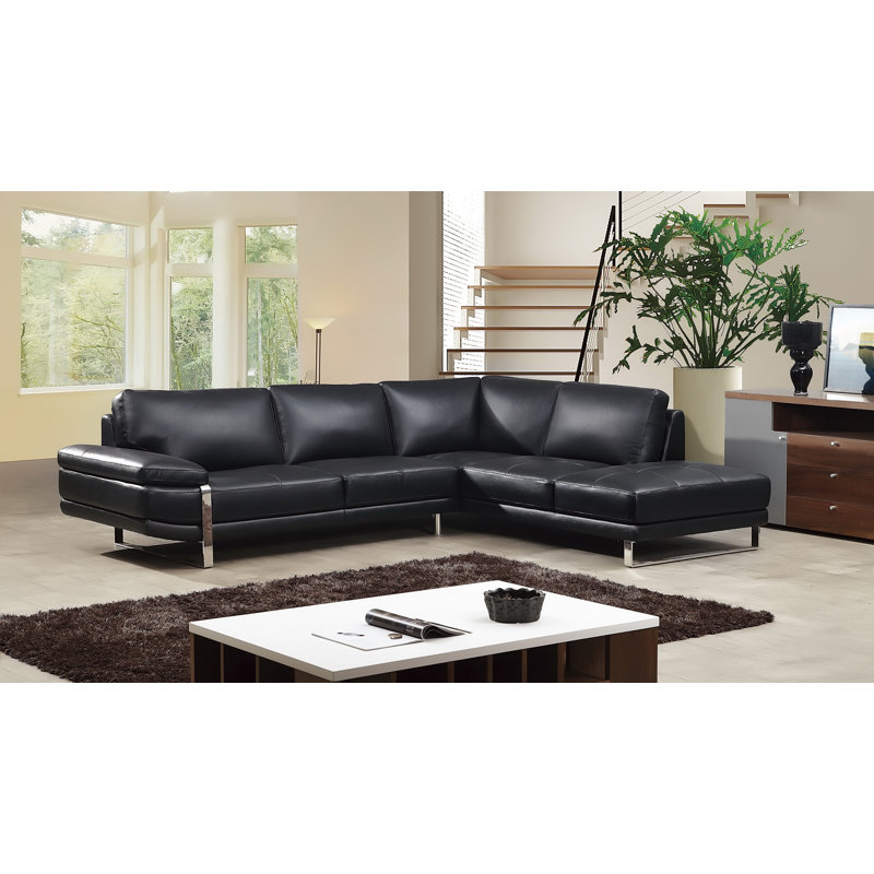 Bahira Upholstered L-Shaped Sectional, Left Hand Facing, Black Genuine Leather