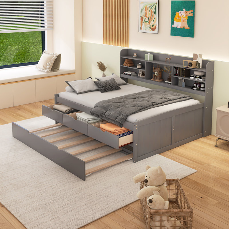Wooden Captain Bed With Built-In Bookshelves,Three Storage Drawers And Trundle, Gray, Full
