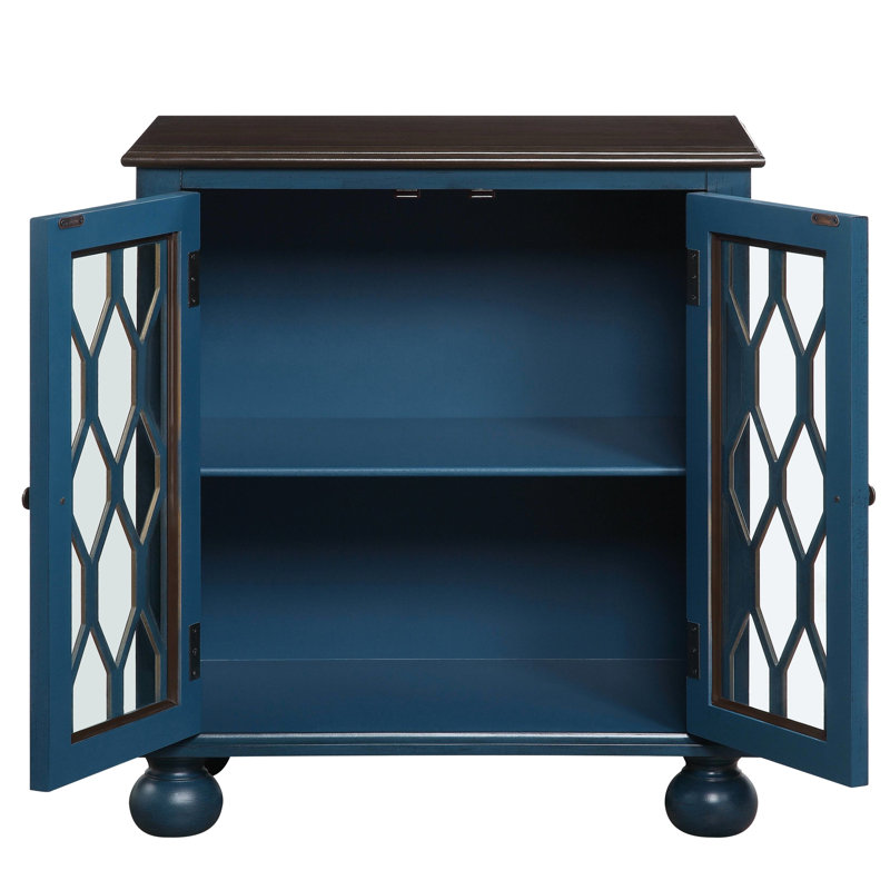 Console rectangulaire avec finition bleu antique, 2 portes de rangement en verre, bois composite, limite de poids de 70 lb sur le dessus, console à tablettes de 10 lb, bleu, portes, pieds en K, profondeur de 15,39 po, hauteur de 32,07 po