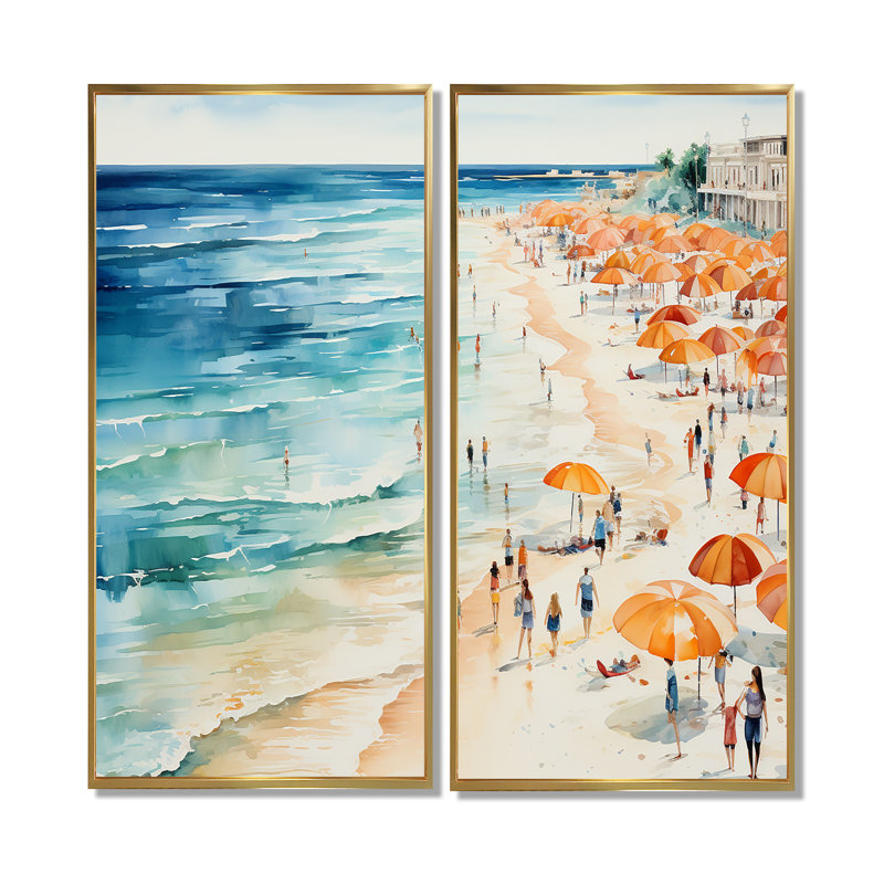 Beach Day Umbrella Parade V - Art mural côtier, 32" H x 32" W, Impression encadrée flottante, Gold