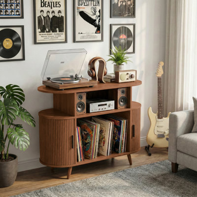 Support pour tourne-disque 35 po avec station de charge et ports USB, armoire de rangement pour disques avec portes coulissantes cannelées, support audio pour chambre à coucher, salon, noyer