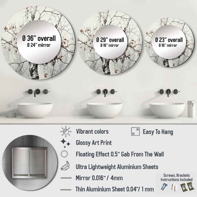 Sady arbre monochrome Whispers of Grey and White II - miroir monochrome, miroir mural rond traditionnel, impression sur métal