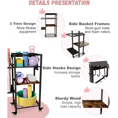Yoga Mat Storage Rack with Wheels, 3 Tier Home Gym Workout Equipment Organizer for Dumbbells, Kettlebells, Foam Rollers