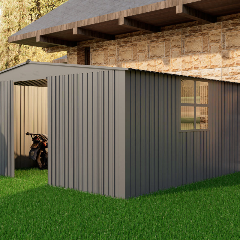 New Outdoor Storage Shed Has Two Functions: Metal Shed And Firewood Shed 13 Ft×11 Ft, Gray