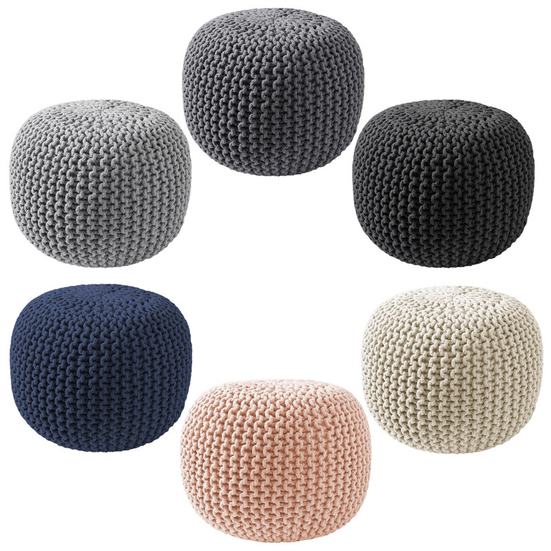 Natural Cotton Knit Round Pouf Ottoman, 20" x 14.5"