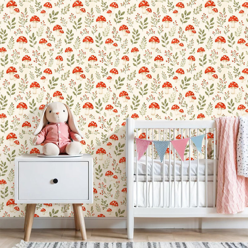 Papier peint adhésif pelez et collez champignon rouge botanique feuilles vertes contact papier amovible auto-adhésif mural pour armoires de cuisine de chambre à coucher 17,7 po x 118 po