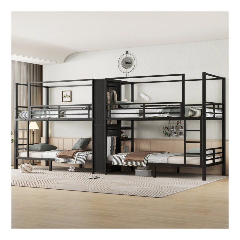 Lit superposé quadruple en métal, lit superposé quadruple en métal avec garde-robe à tablettes de rangement intégrées, structure en métal robuste avec conception à réduction de bruit, noir