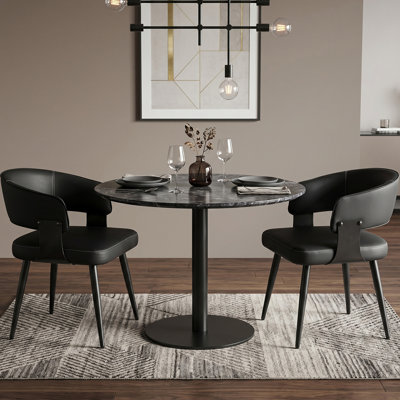 Mid-Century Modern Dining Chairs, Faux Leather Upholstered Armchairs with Curved Barrel Back and Metal Legs for Kitchen and Dining Room