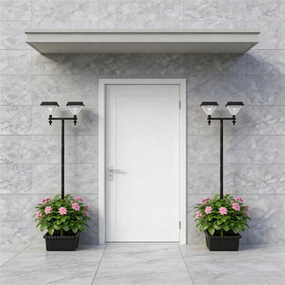 Lampadaire solaire avec jardinière, 2 têtes, étanche, éclairage extérieur à lumière chaude du crépuscule à l'aube, idéal pour porche, cour, allée, jardin et terrasse.