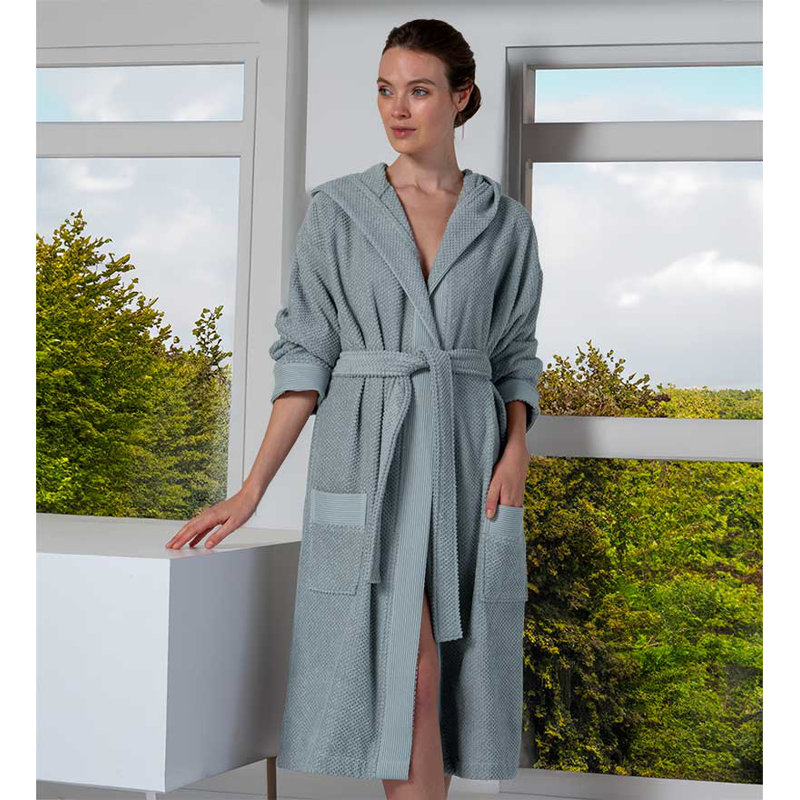 Peignoir de luxe pour femme SEYANTE - Peignoir à capuchon en coton éponge turc biologique certifié GOTS, L, Bleu gris