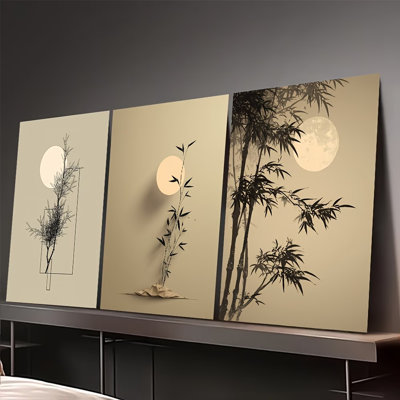 Japanese Bamboo and Moon Minimalist Canvas Wall Art Set of 3 12*8 inch- Living Room Decor