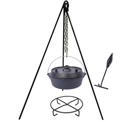 Four de camping néerlandais de 8 pintes avec trépied de cuisson en acier robuste, excellente rétention de la chaleur, couvercle à double usage, poignée intégrée, dispositif de suspension, poussoir de couvercle pour les amateurs de cuisine en plein 