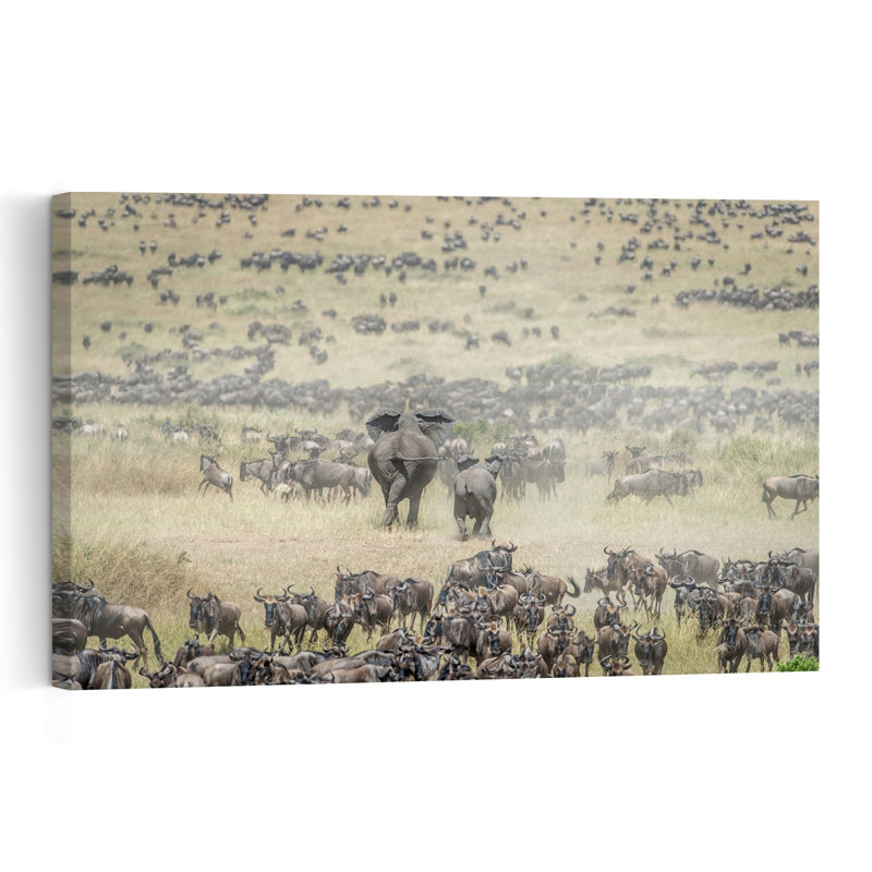 Elephants And Wildebeest Migration Abstract Contemporary Elephant Landscape Nature Wall Art Print, 60.96cm H x 91.44cm W