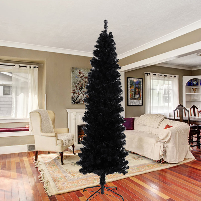 Arbre de Noël artificiel noir 7,5 pi avec base en métal pliable, branches ignifuges